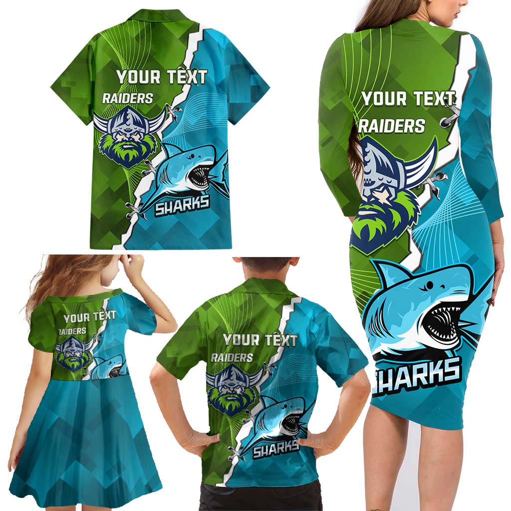 Personalised Sharks And Raiders Rugby Family Matching Long Sleeve Bodycon Dress and Hawaiian Shirt Sporty Style