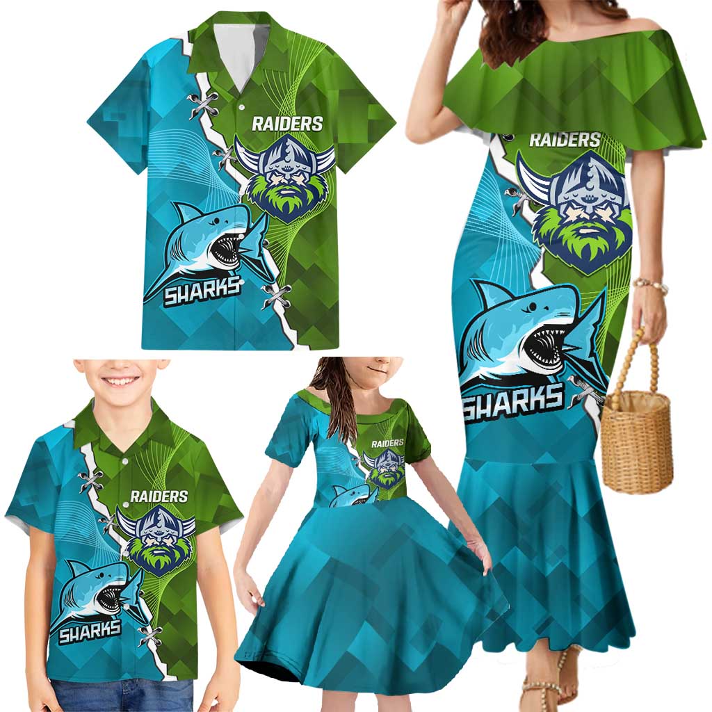 Personalised Sharks And Raiders Rugby Family Matching Mermaid Dress and Hawaiian Shirt Sporty Style