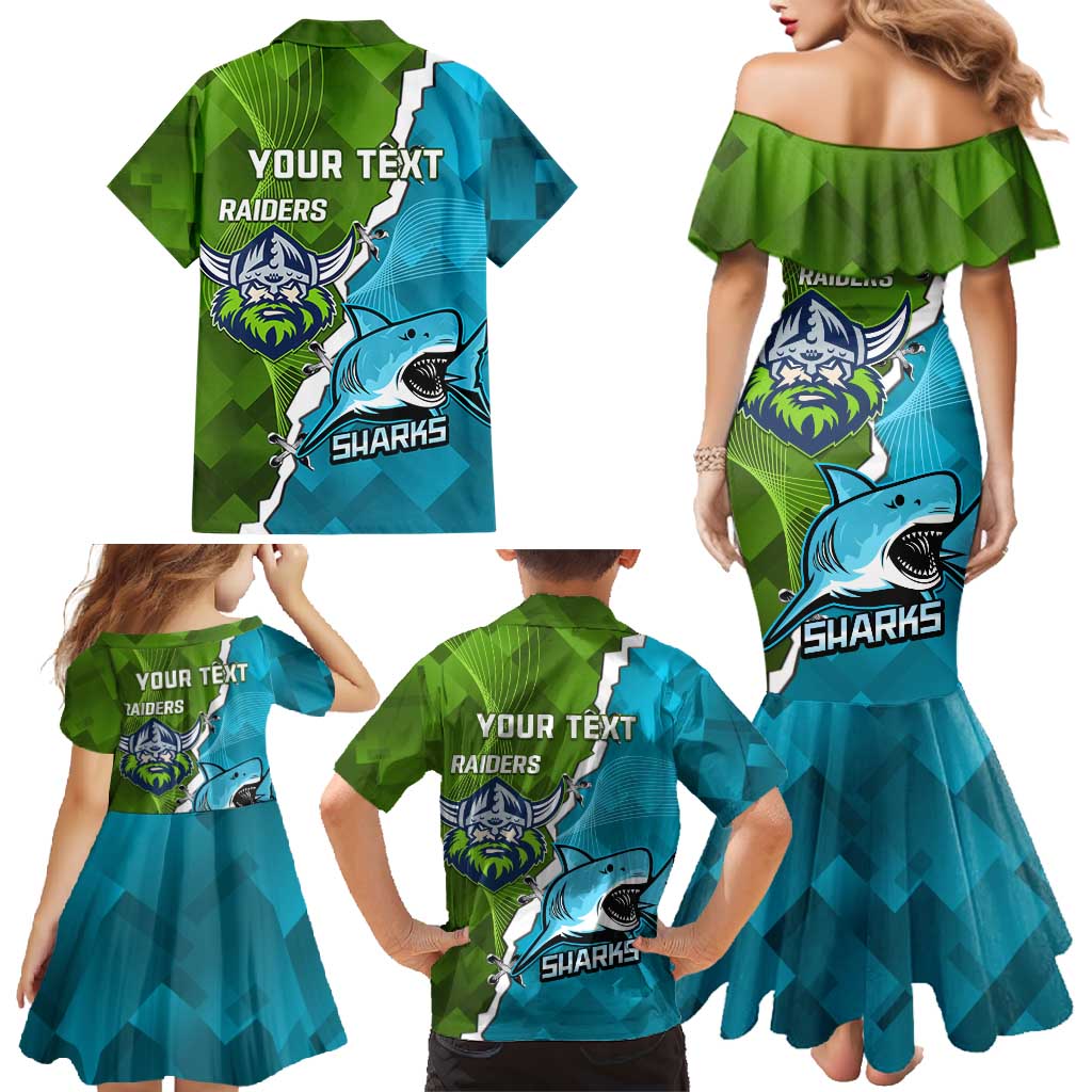 Personalised Sharks And Raiders Rugby Family Matching Mermaid Dress and Hawaiian Shirt Sporty Style