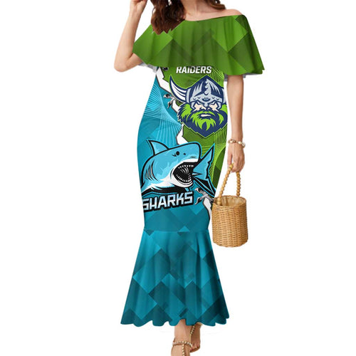 Personalised Sharks And Raiders Rugby Family Matching Mermaid Dress and Hawaiian Shirt Sporty Style