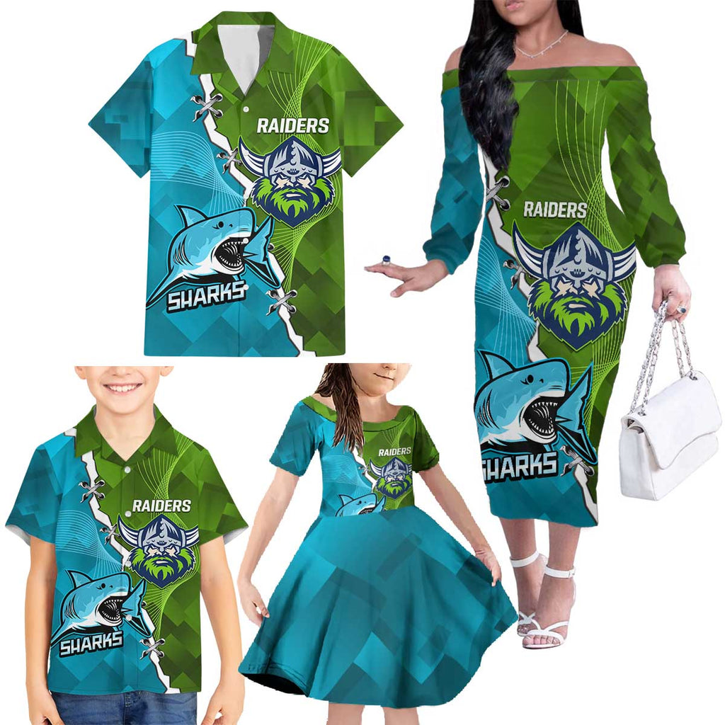 Personalised Sharks And Raiders Rugby Family Matching Off The Shoulder Long Sleeve Dress and Hawaiian Shirt Sporty Style
