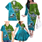 Personalised Sharks And Raiders Rugby Family Matching Off The Shoulder Long Sleeve Dress and Hawaiian Shirt Sporty Style