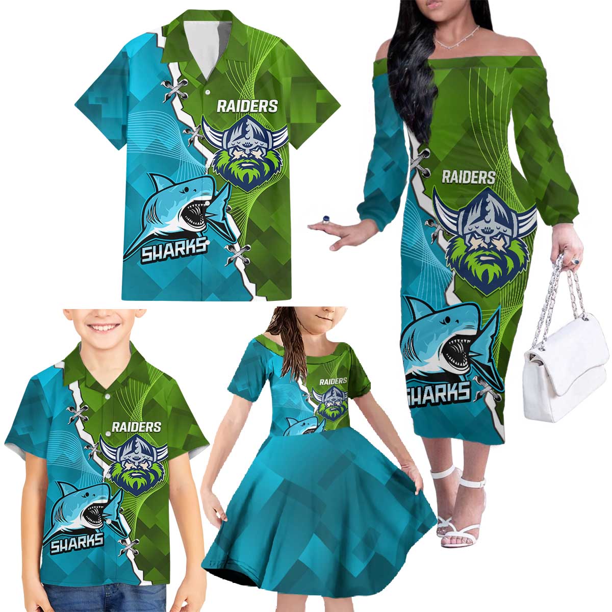 Personalised Sharks And Raiders Rugby Family Matching Off The Shoulder Long Sleeve Dress and Hawaiian Shirt Sporty Style