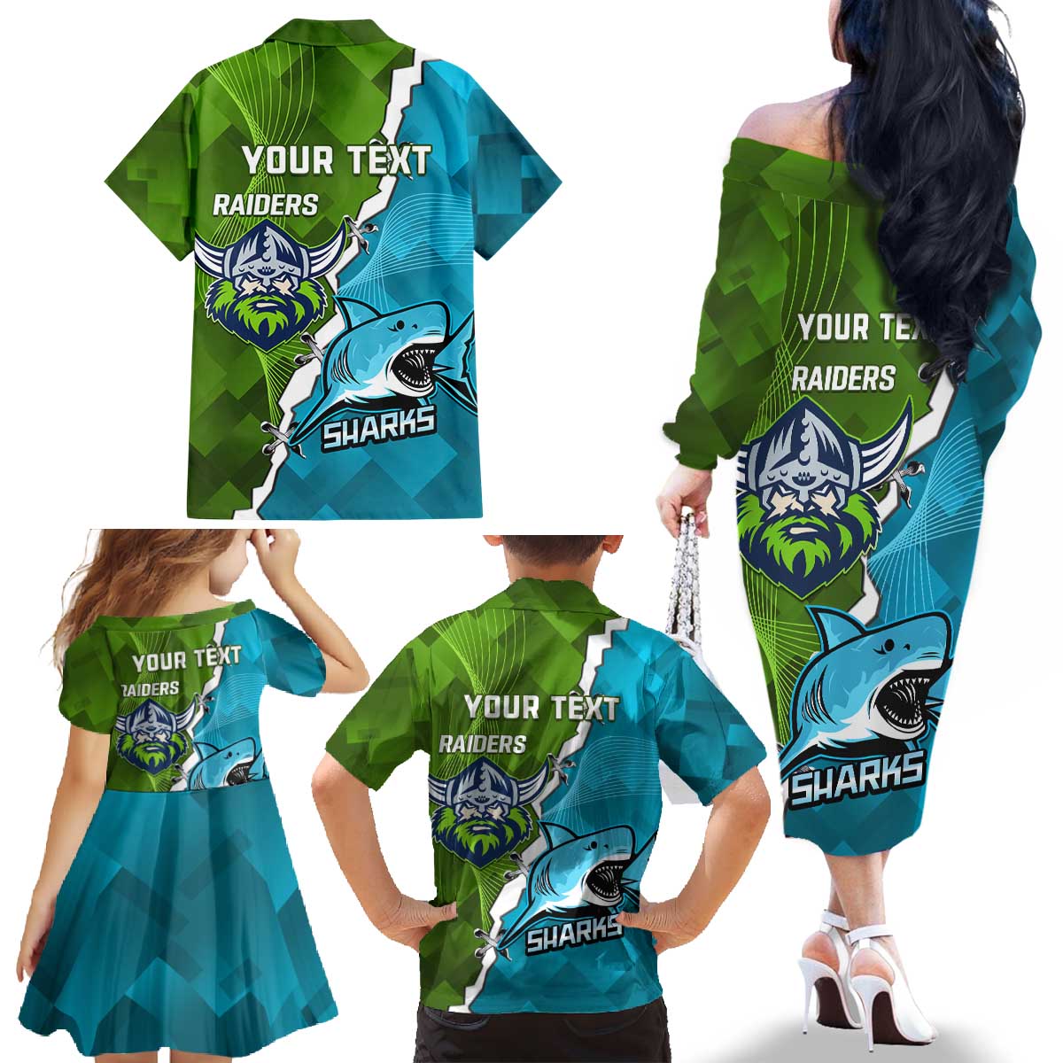 Personalised Sharks And Raiders Rugby Family Matching Off The Shoulder Long Sleeve Dress and Hawaiian Shirt Sporty Style