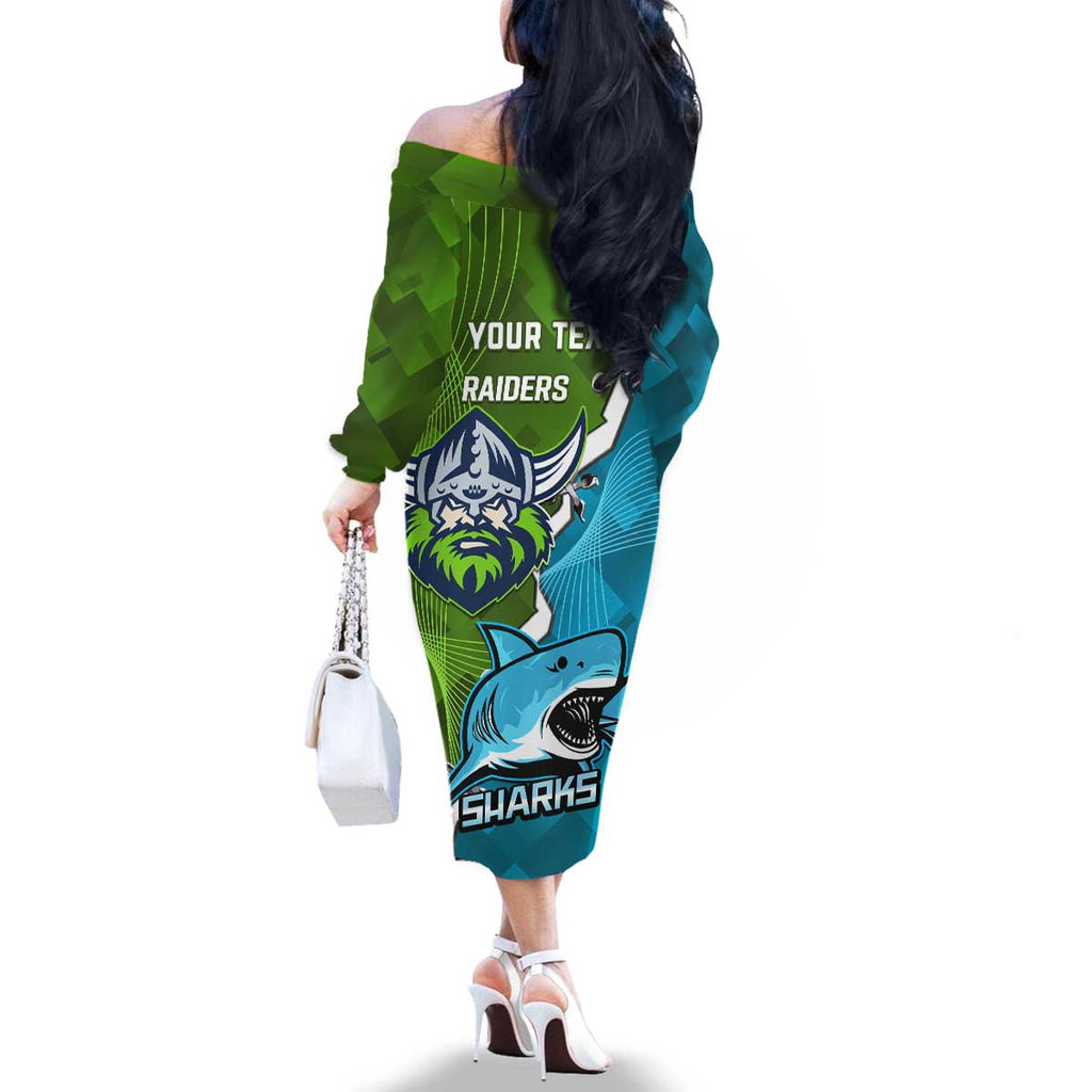 Personalised Sharks And Raiders Rugby Family Matching Off The Shoulder Long Sleeve Dress and Hawaiian Shirt Sporty Style