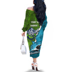 Personalised Sharks And Raiders Rugby Family Matching Off The Shoulder Long Sleeve Dress and Hawaiian Shirt Sporty Style