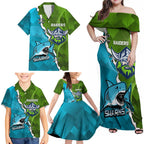 Personalised Sharks And Raiders Rugby Family Matching Off Shoulder Maxi Dress and Hawaiian Shirt Sporty Style