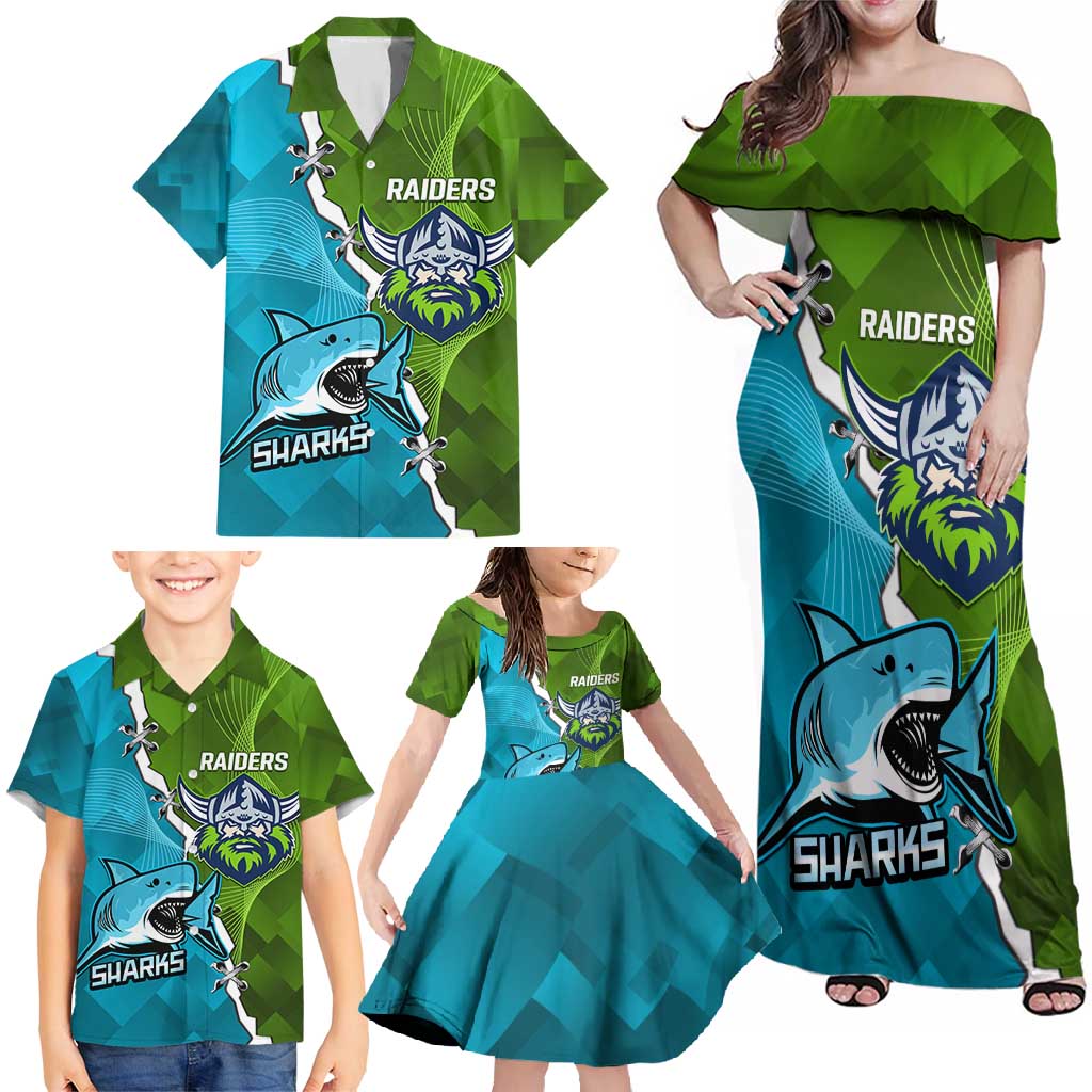 Personalised Sharks And Raiders Rugby Family Matching Off Shoulder Maxi Dress and Hawaiian Shirt Sporty Style
