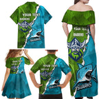 Personalised Sharks And Raiders Rugby Family Matching Off Shoulder Maxi Dress and Hawaiian Shirt Sporty Style
