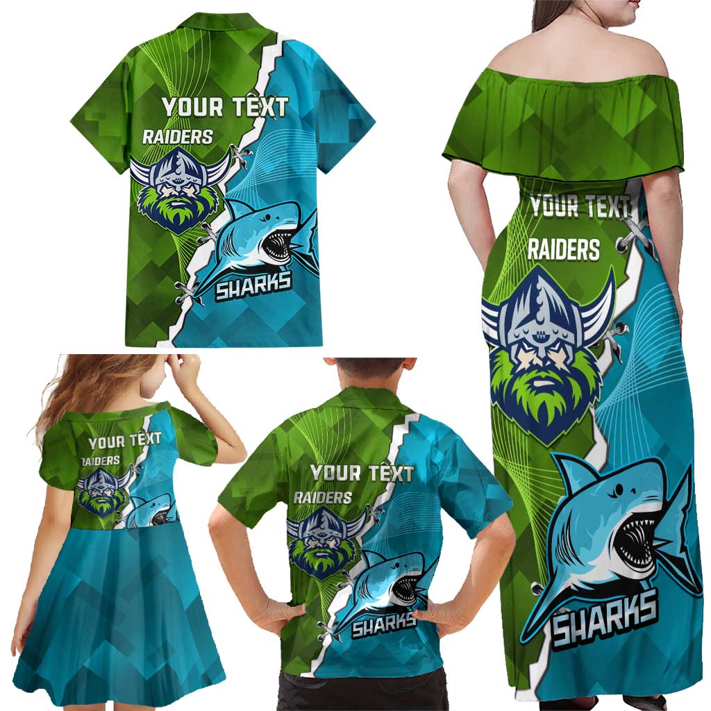 Personalised Sharks And Raiders Rugby Family Matching Off Shoulder Maxi Dress and Hawaiian Shirt Sporty Style