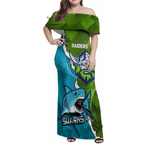Personalised Sharks And Raiders Rugby Family Matching Off Shoulder Maxi Dress and Hawaiian Shirt Sporty Style