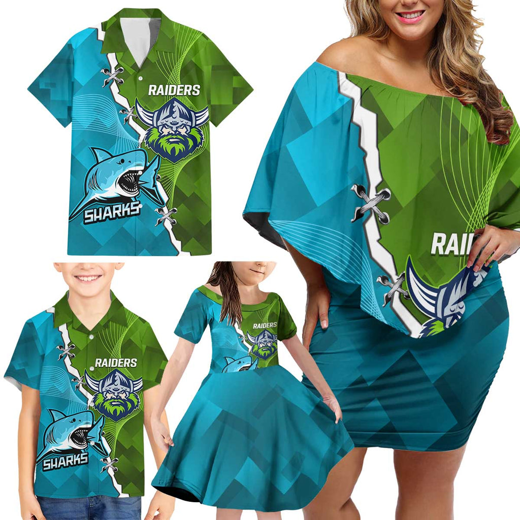 Personalised Sharks And Raiders Rugby Family Matching Off Shoulder Short Dress and Hawaiian Shirt Sporty Style