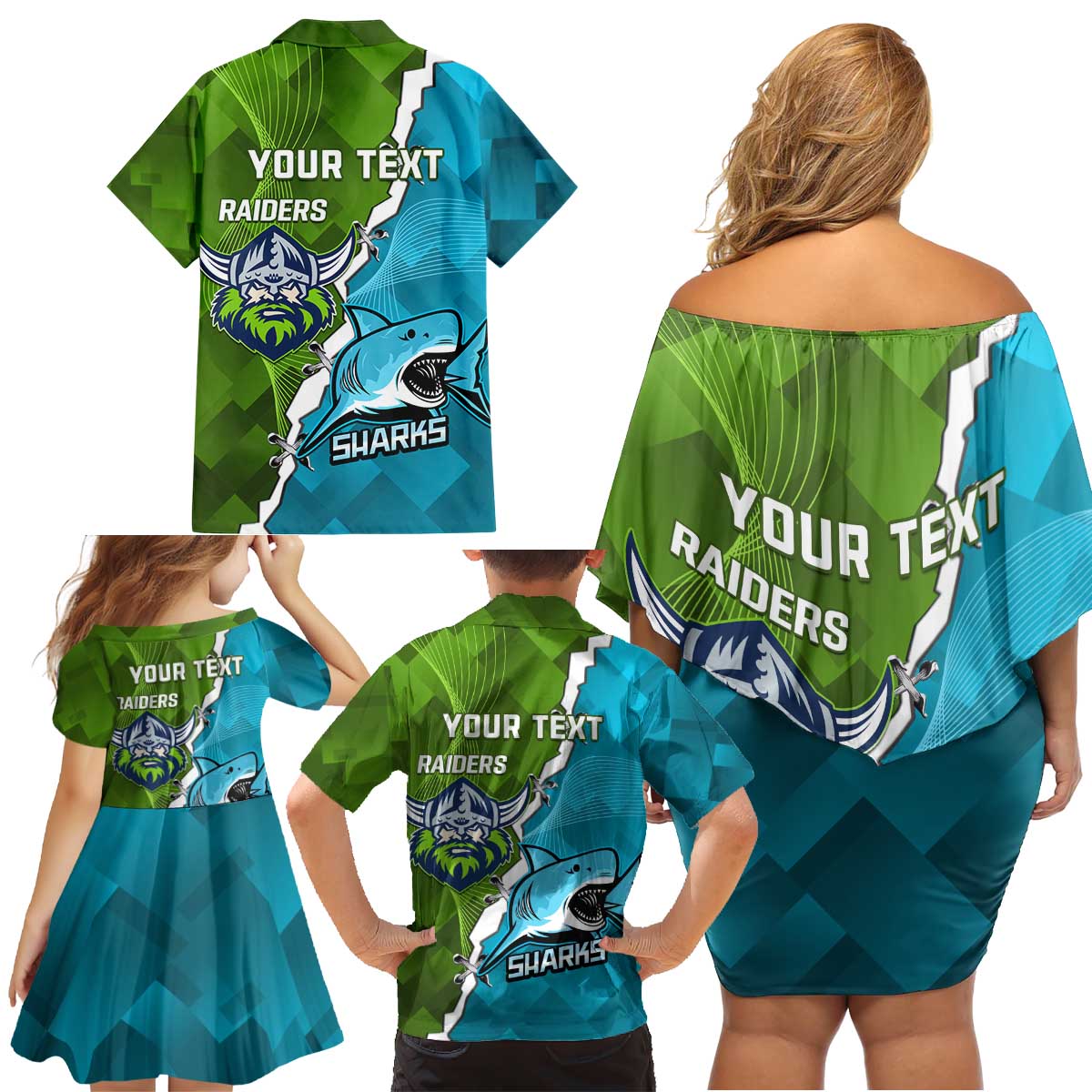 Personalised Sharks And Raiders Rugby Family Matching Off Shoulder Short Dress and Hawaiian Shirt Sporty Style