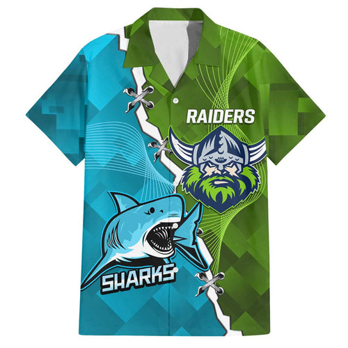 Personalised Sharks And Raiders Rugby Family Matching Off Shoulder Short Dress and Hawaiian Shirt Sporty Style