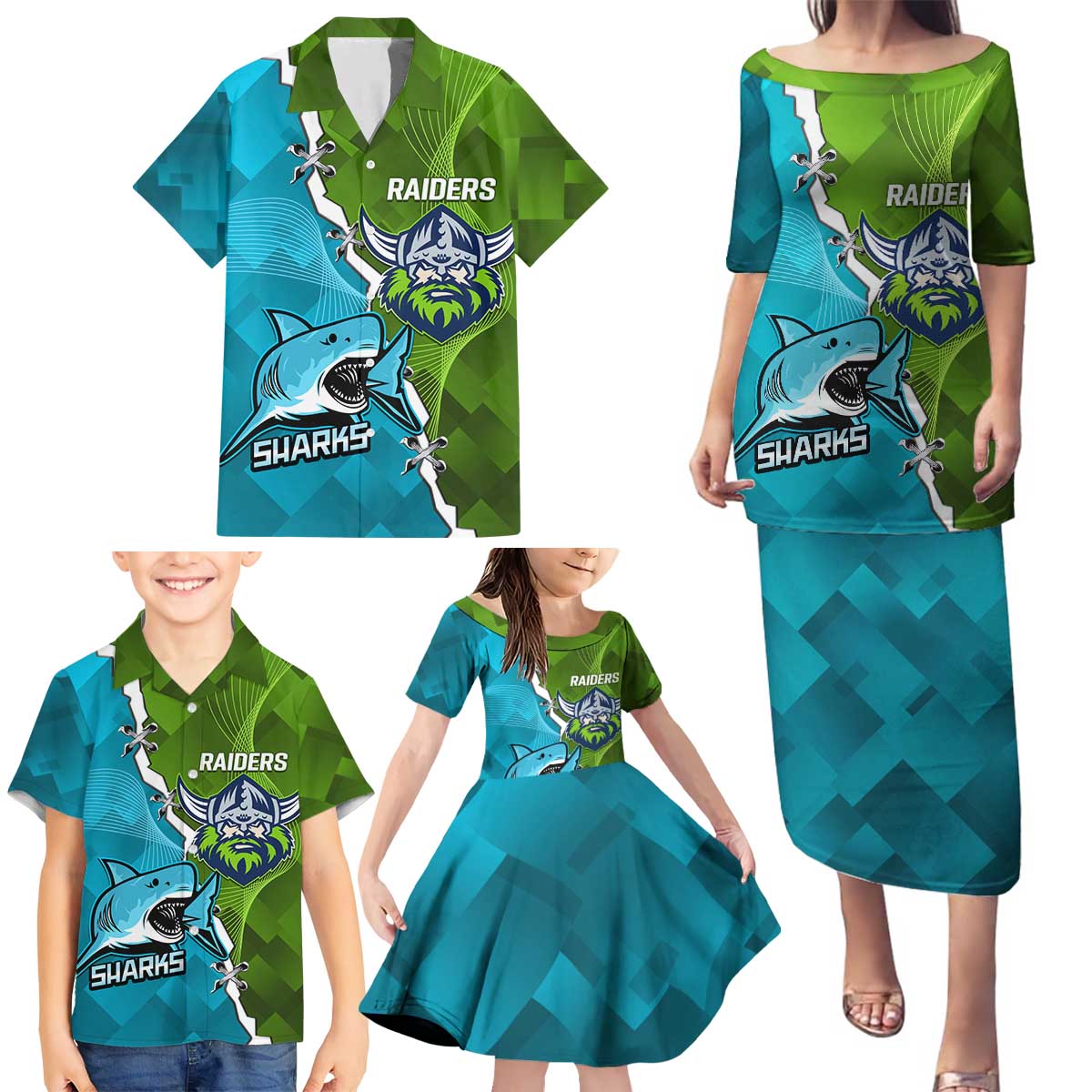 Personalised Sharks And Raiders Rugby Family Matching Puletasi and Hawaiian Shirt Sporty Style