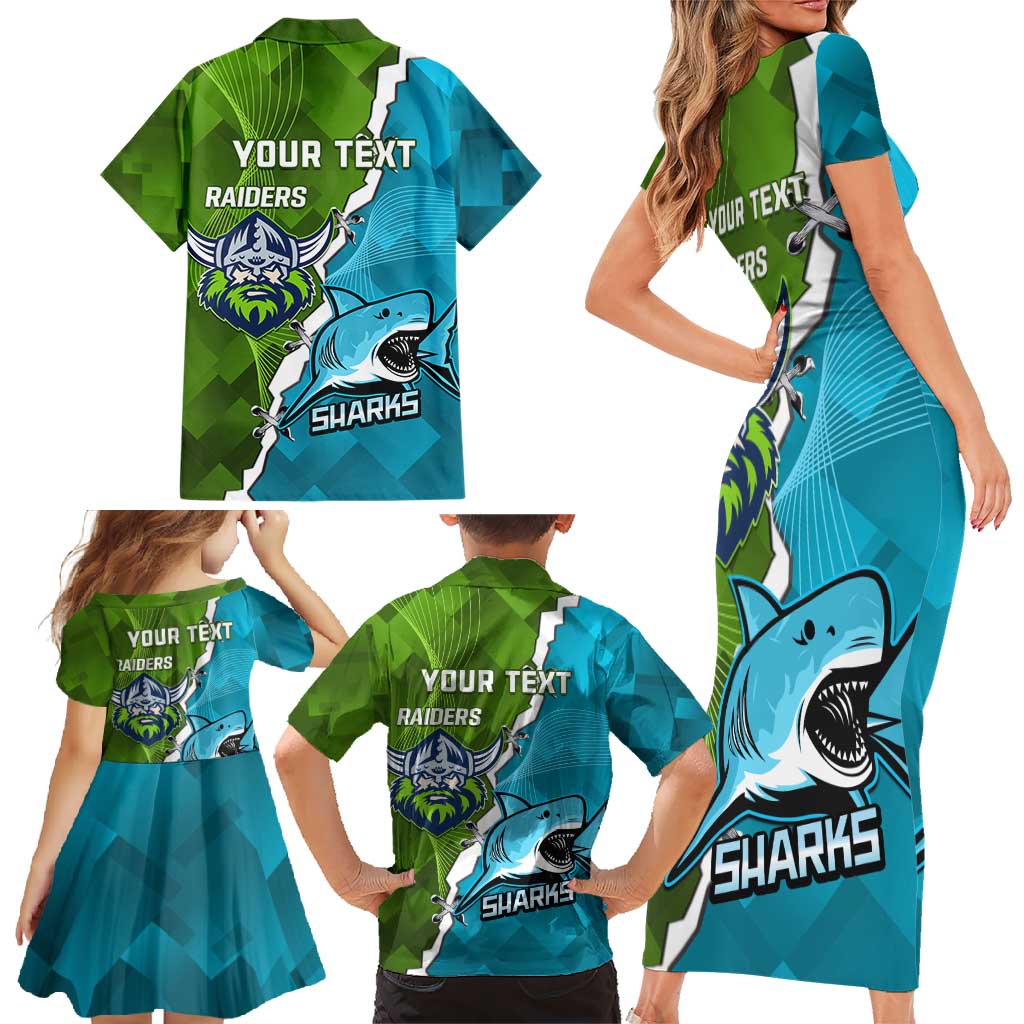 Personalised Sharks And Raiders Rugby Family Matching Short Sleeve Bodycon Dress and Hawaiian Shirt Sporty Style