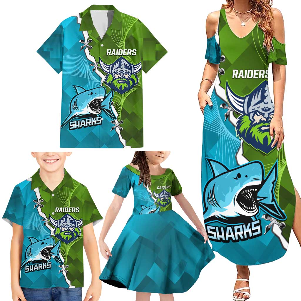 Personalised Sharks And Raiders Rugby Family Matching Summer Maxi Dress and Hawaiian Shirt Sporty Style