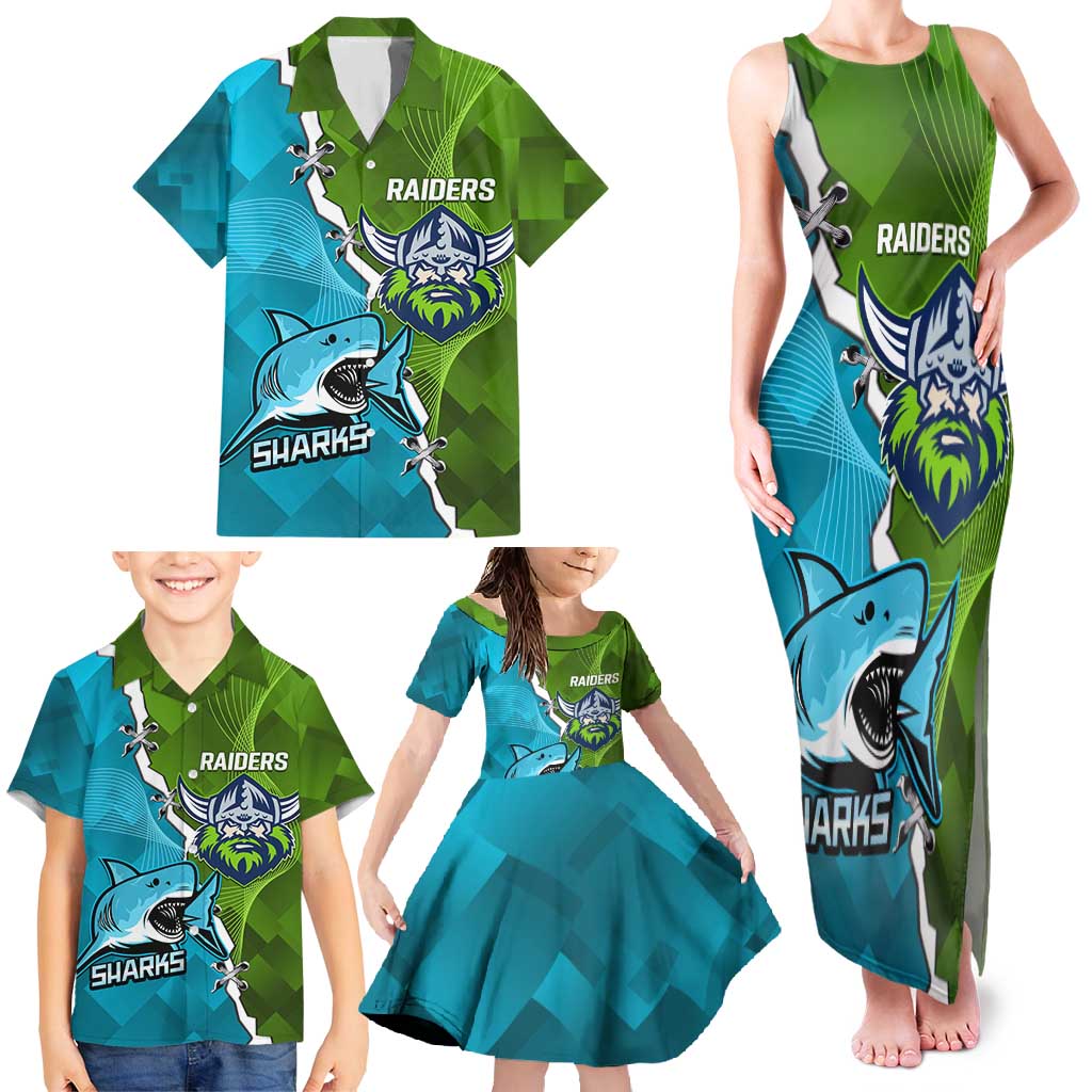Personalised Sharks And Raiders Rugby Family Matching Tank Maxi Dress and Hawaiian Shirt Sporty Style