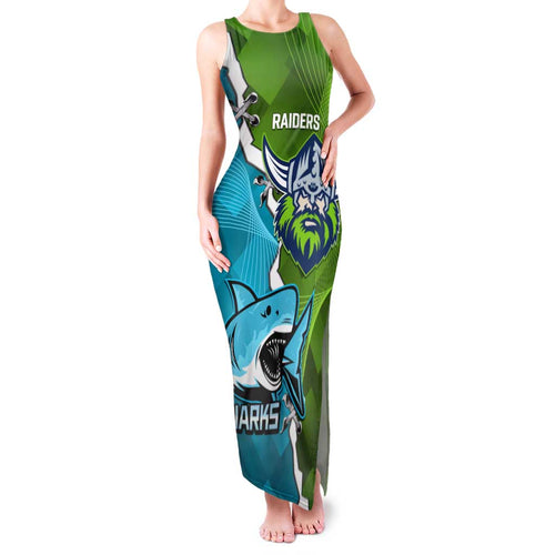 Personalised Sharks And Raiders Rugby Family Matching Tank Maxi Dress and Hawaiian Shirt Sporty Style