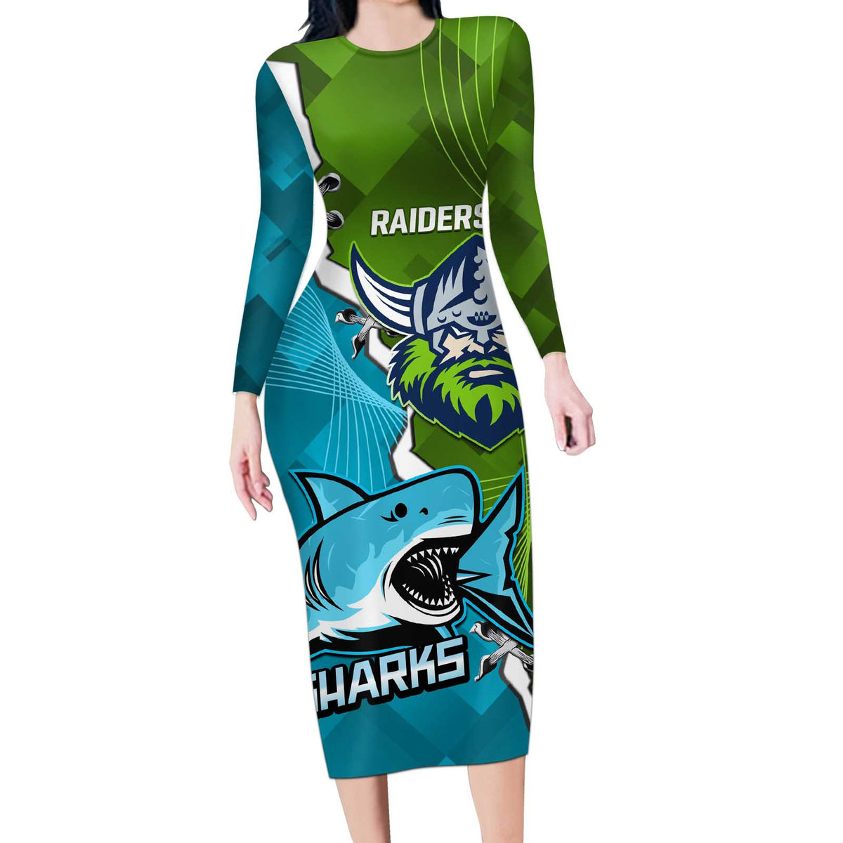 Personalised Sharks And Raiders Rugby Long Sleeve Bodycon Dress Sporty Style