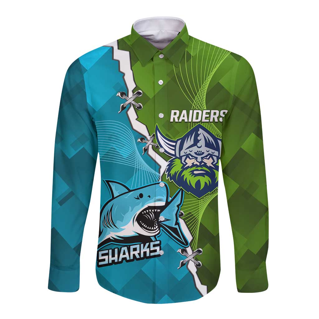 Personalised Sharks And Raiders Rugby Long Sleeve Button Shirt Sporty Style