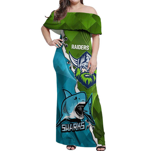 Personalised Sharks And Raiders Rugby Off Shoulder Maxi Dress Sporty Style