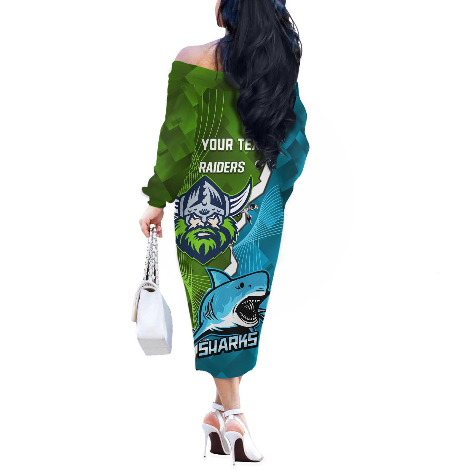 Personalised Sharks And Raiders Rugby Off The Shoulder Long Sleeve Dress Sporty Style