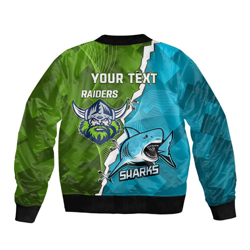 Personalised Sharks And Raiders Rugby Sleeve Zip Bomber Jacket Sporty Style