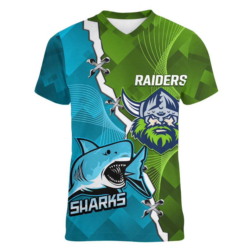 Personalised Sharks And Raiders Rugby Women V-Neck T-Shirt Sporty Style