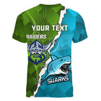 Personalised Sharks And Raiders Rugby Women V-Neck T-Shirt Sporty Style