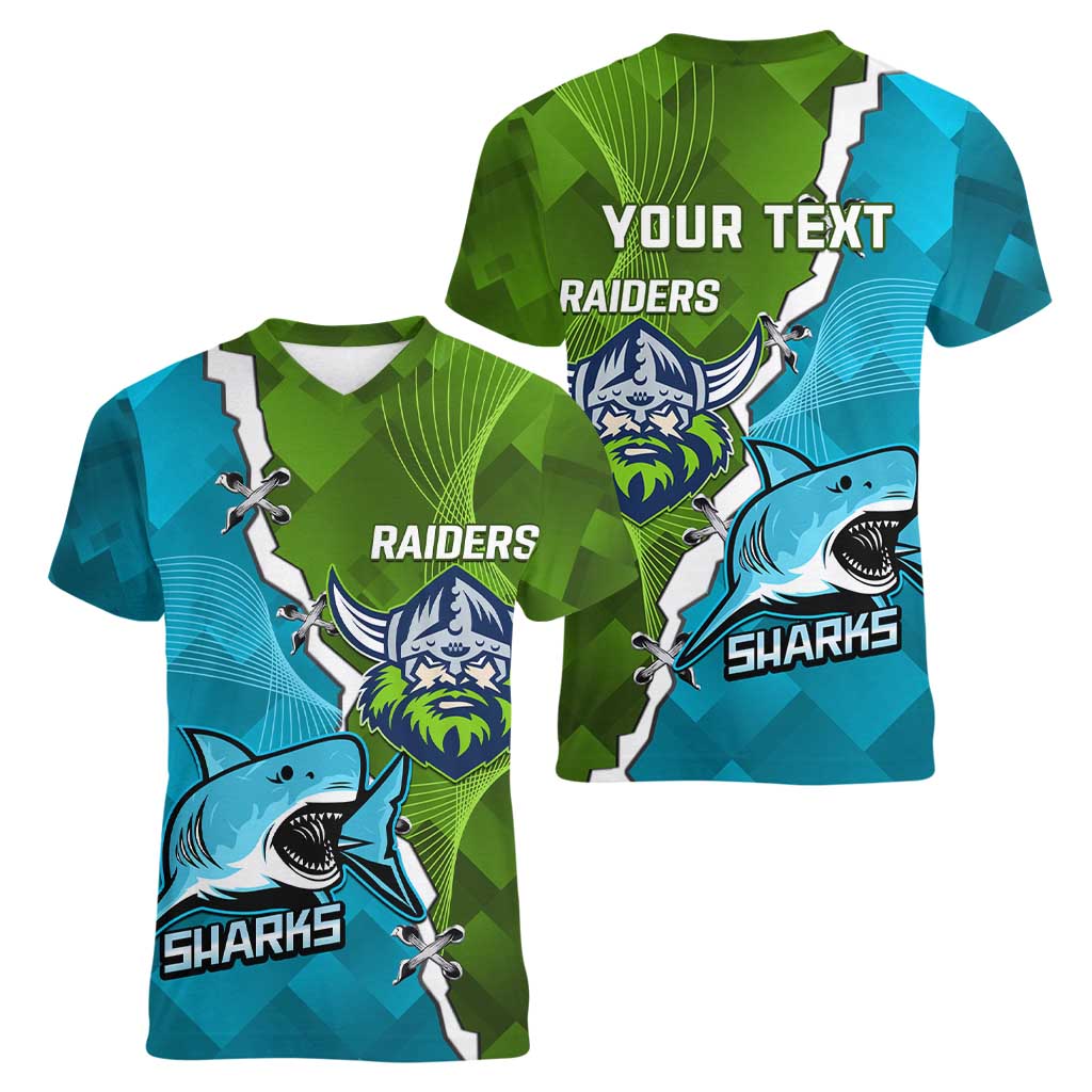Personalised Sharks And Raiders Rugby Women V-Neck T-Shirt Sporty Style