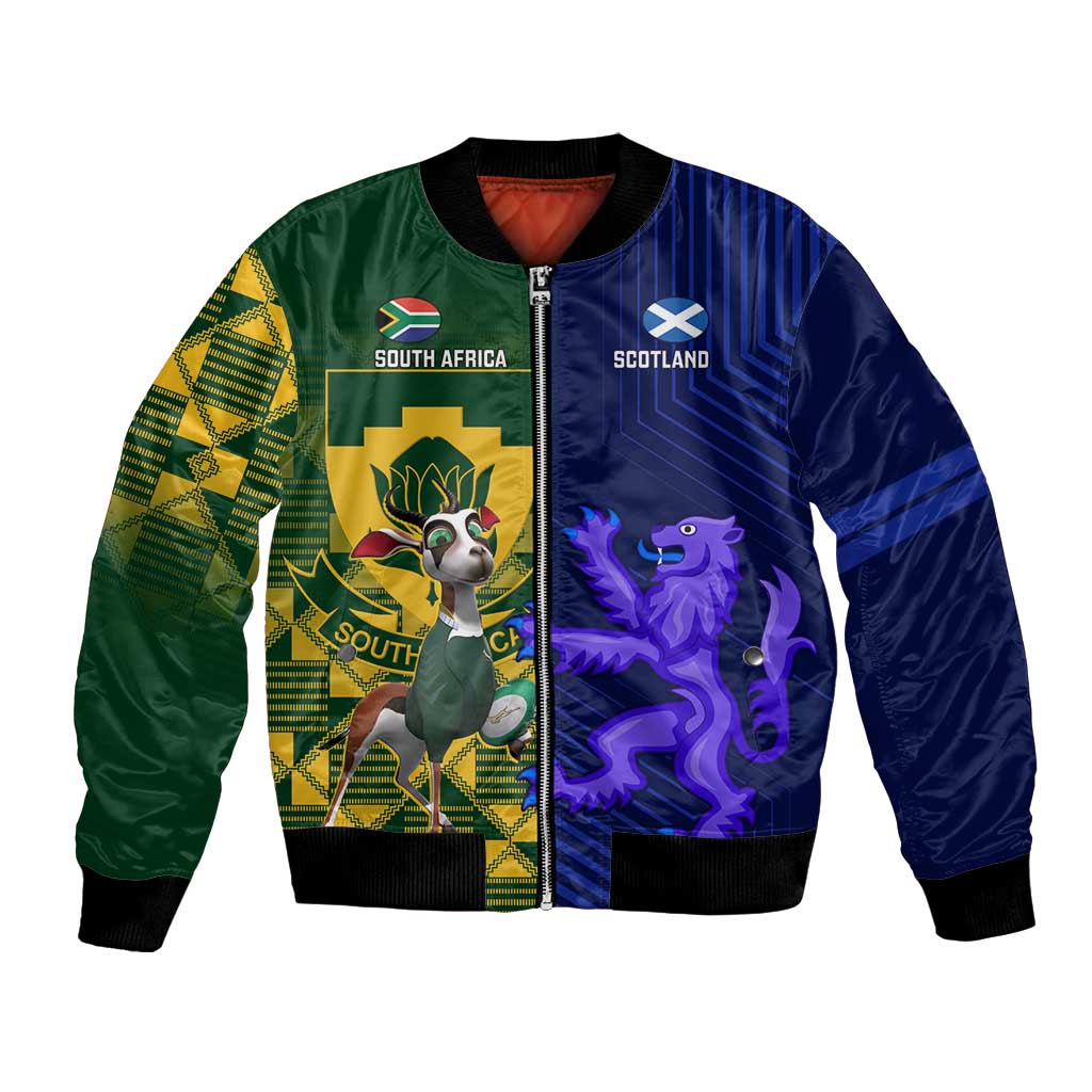 Custom South Africa And Scotland Rugby Bomber Jacket Springboks Thistle Together
