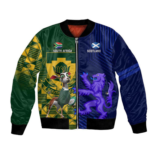 Custom South Africa And Scotland Rugby Bomber Jacket Springboks Thistle Together