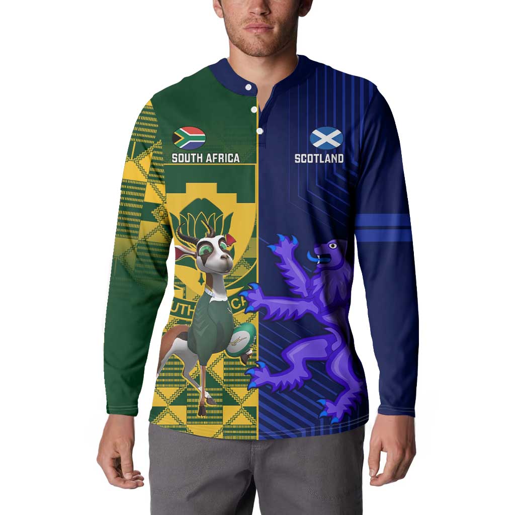Custom South Africa And Scotland Rugby Button Sweatshirt Springboks Thistle Together