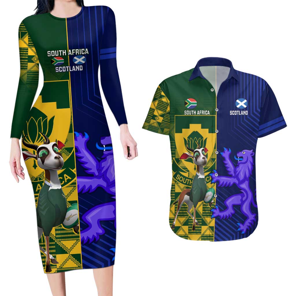 Custom South Africa And Scotland Rugby Couples Matching Long Sleeve Bodycon Dress and Hawaiian Shirt Springboks Thistle Together