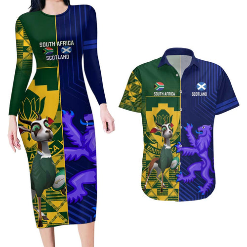 Custom South Africa And Scotland Rugby Couples Matching Long Sleeve Bodycon Dress and Hawaiian Shirt Springboks Thistle Together