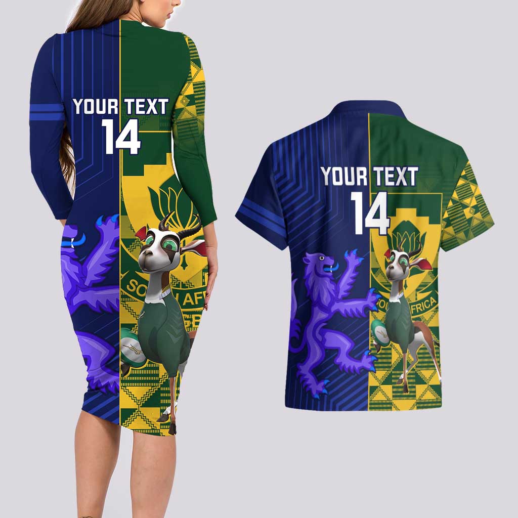 Custom South Africa And Scotland Rugby Couples Matching Long Sleeve Bodycon Dress and Hawaiian Shirt Springboks Thistle Together