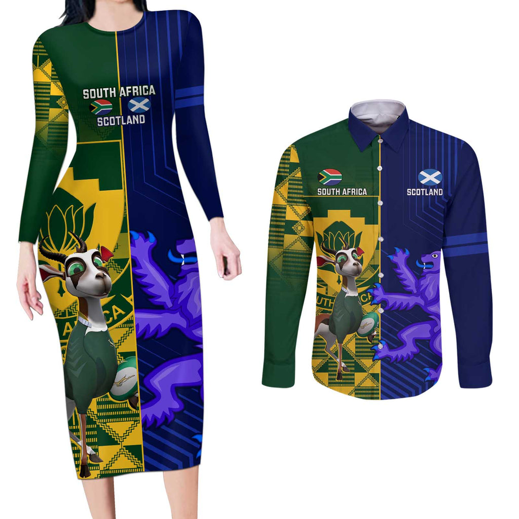 Custom South Africa And Scotland Rugby Couples Matching Long Sleeve Bodycon Dress and Long Sleeve Button Shirt Springboks Thistle Together