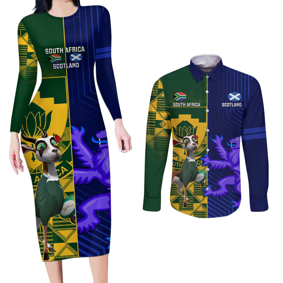 Custom South Africa And Scotland Rugby Couples Matching Long Sleeve Bodycon Dress and Long Sleeve Button Shirt Springboks Thistle Together