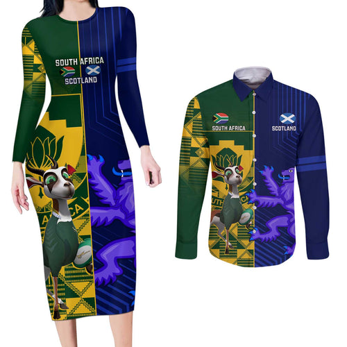 Custom South Africa And Scotland Rugby Couples Matching Long Sleeve Bodycon Dress and Long Sleeve Button Shirt Springboks Thistle Together