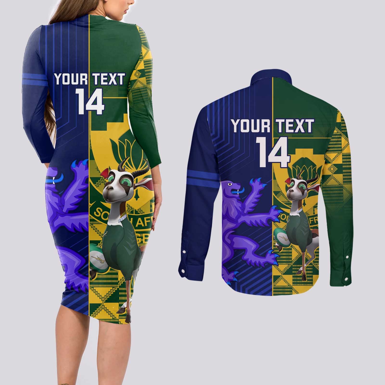 Custom South Africa And Scotland Rugby Couples Matching Long Sleeve Bodycon Dress and Long Sleeve Button Shirt Springboks Thistle Together