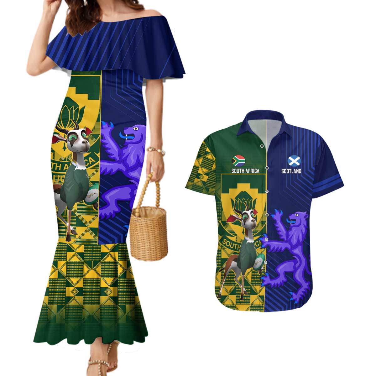 Custom South Africa And Scotland Rugby Couples Matching Mermaid Dress and Hawaiian Shirt Springboks Thistle Together
