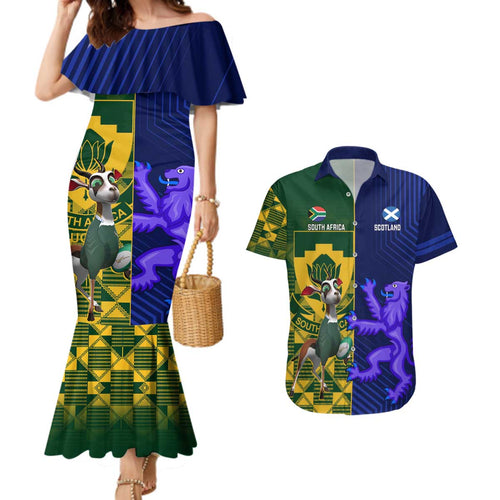 Custom South Africa And Scotland Rugby Couples Matching Mermaid Dress and Hawaiian Shirt Springboks Thistle Together