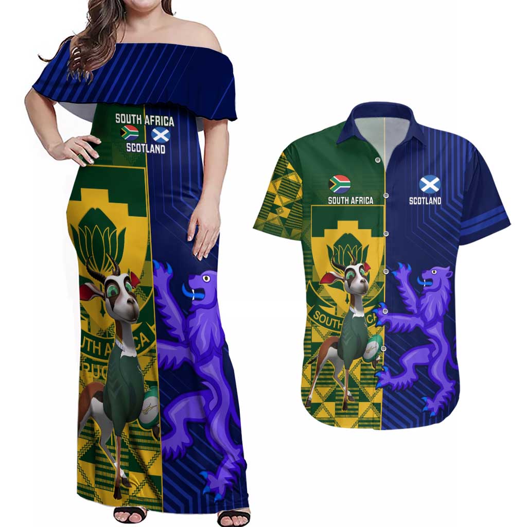 Custom South Africa And Scotland Rugby Couples Matching Off Shoulder Maxi Dress and Hawaiian Shirt Springboks Thistle Together