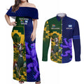 Custom South Africa And Scotland Rugby Couples Matching Off Shoulder Maxi Dress and Long Sleeve Button Shirt Springboks Thistle Together
