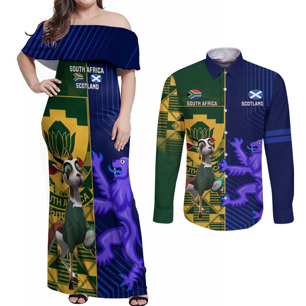 Custom South Africa And Scotland Rugby Couples Matching Off Shoulder Maxi Dress and Long Sleeve Button Shirt Springboks Thistle Together