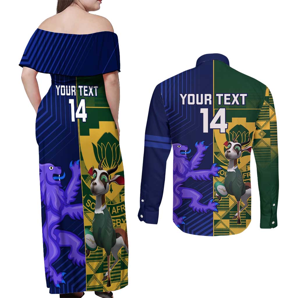 Custom South Africa And Scotland Rugby Couples Matching Off Shoulder Maxi Dress and Long Sleeve Button Shirt Springboks Thistle Together