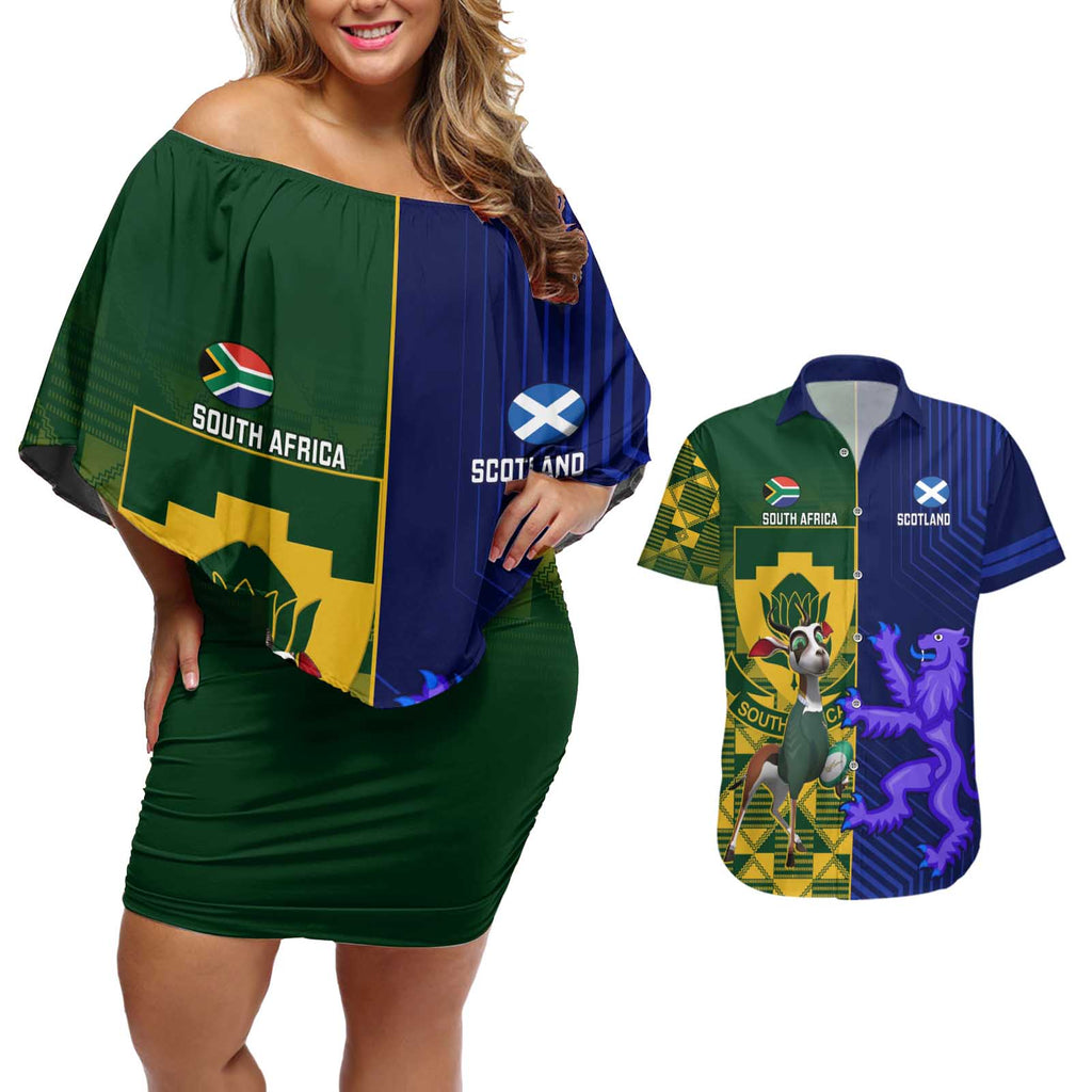 Custom South Africa And Scotland Rugby Couples Matching Off Shoulder Short Dress and Hawaiian Shirt Springboks Thistle Together