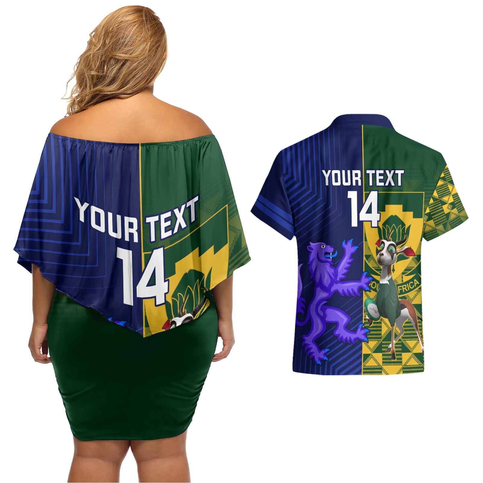 Custom South Africa And Scotland Rugby Couples Matching Off Shoulder Short Dress and Hawaiian Shirt Springboks Thistle Together