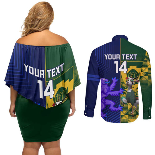 Custom South Africa And Scotland Rugby Couples Matching Off Shoulder Short Dress and Long Sleeve Button Shirt Springboks Thistle Together